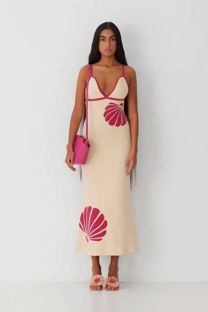 Robe longue Noa en maille pointelle avec motif coquillage