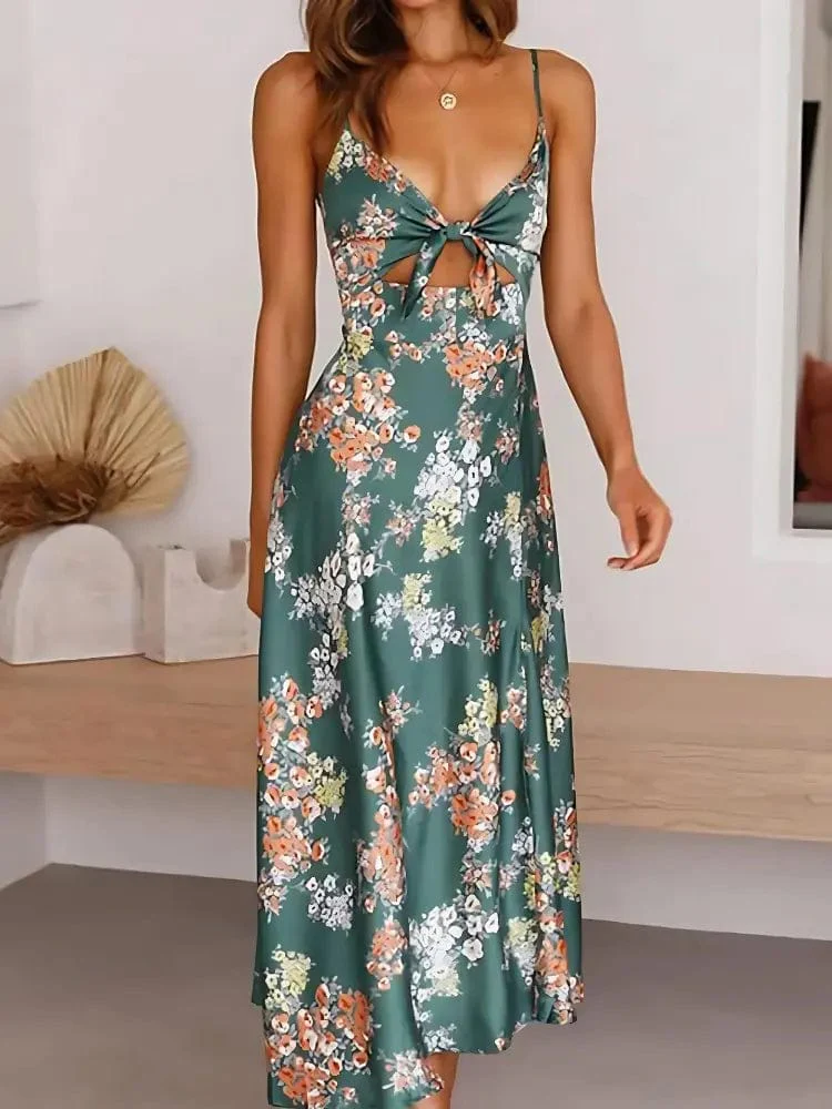 Robe Vert Floral Bretelles Fines et Fente Discr��te