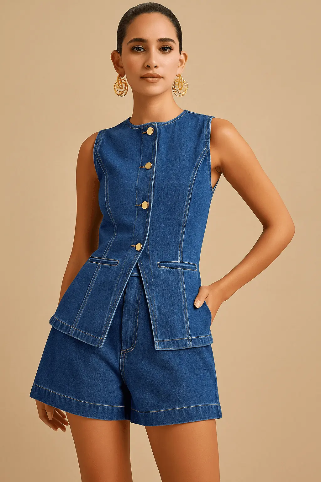 Ensemble 2 pi��ces en denim �C Top �� boutonnage simple & short taille haute