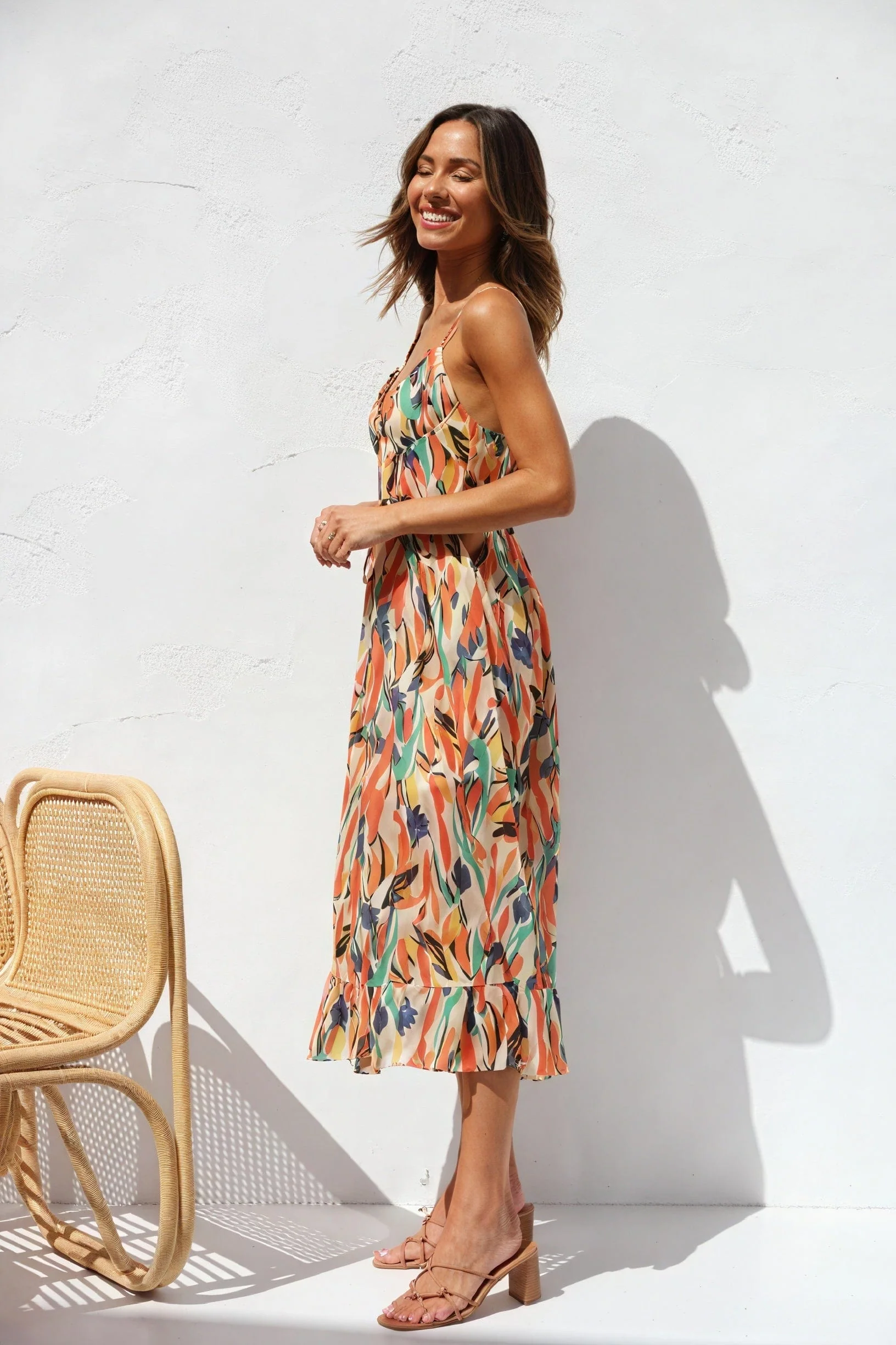 Robe Midi �� Bretelles �C Imprim�� Feuilles Multicolores