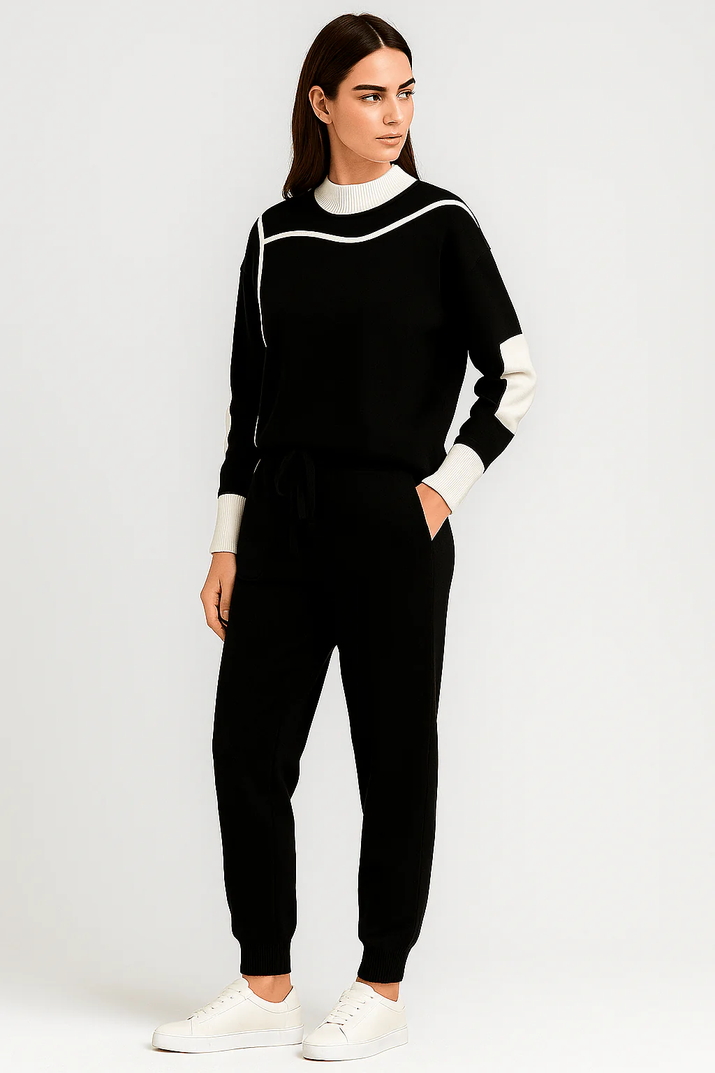 Ensemble K-fashion sweat col contrast�� pantalon coordonn�� bicolore - style cor��en moderne - MAX FOR ME