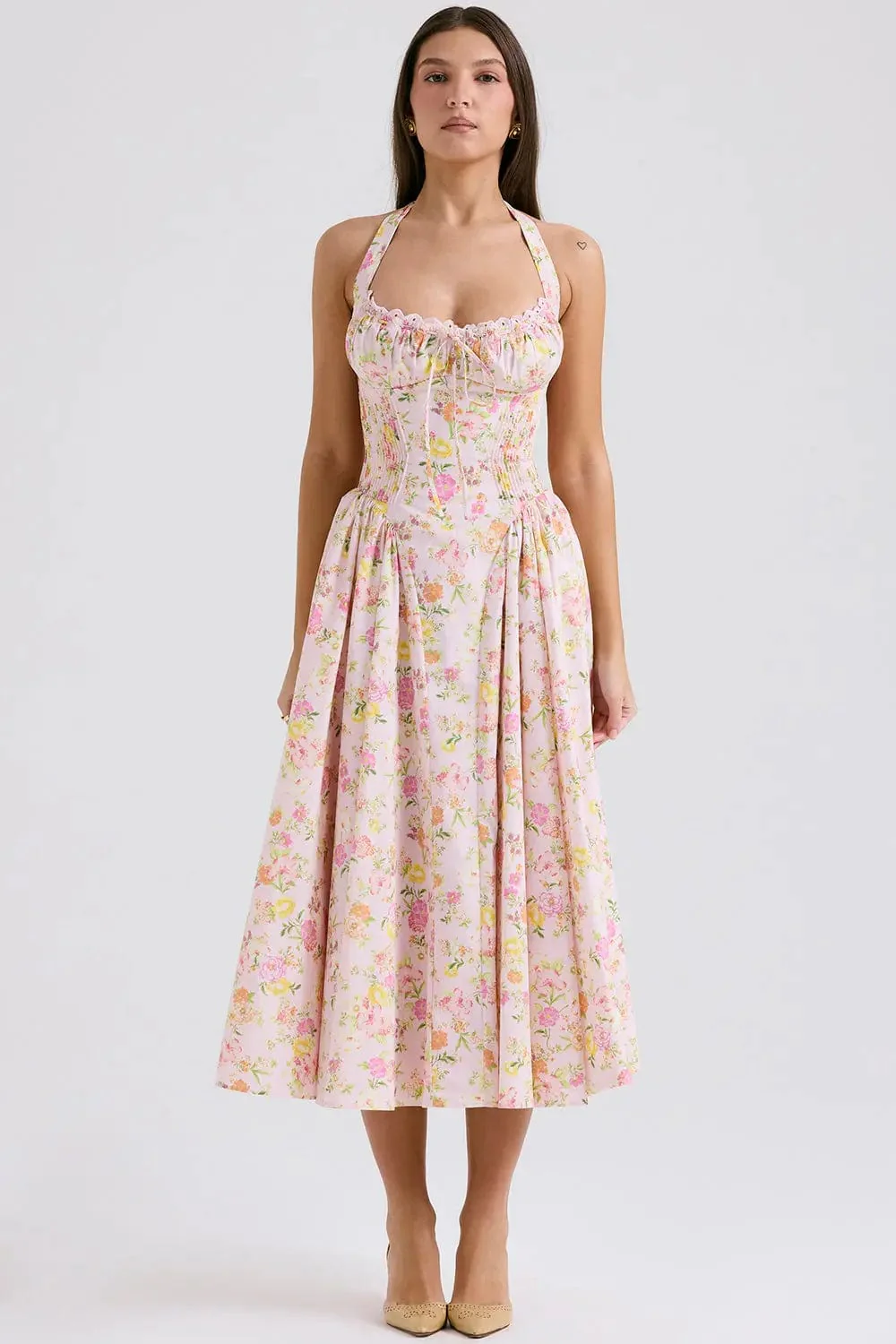 Robe Midi ��lise �C Corsage Fronc�� et Imprim�� Floral Romantique