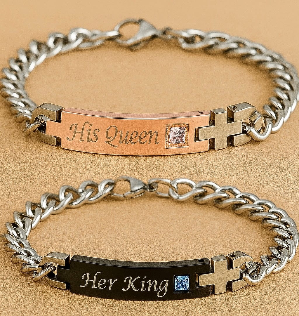 Duo Bracelets assortis pour couple �?Gravés “His Queen & Her King�?en acier inoxydable