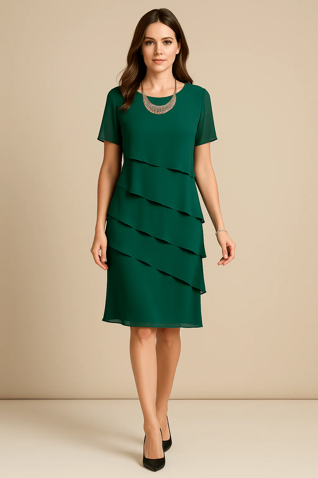 Robe Femme ��l��gante en Polyester �C Coupe Droite �� Volants Superpos��s