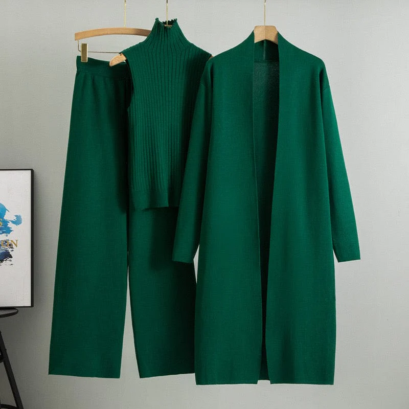 Ensemble femme 3 pi��ces - pull col roul�� cardigan long et pantalon large total look sophistiqu�� - MAX FOR ME