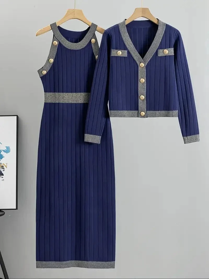 Ensemble robe gilet marine femme maille semi longue - MAX FOR ME