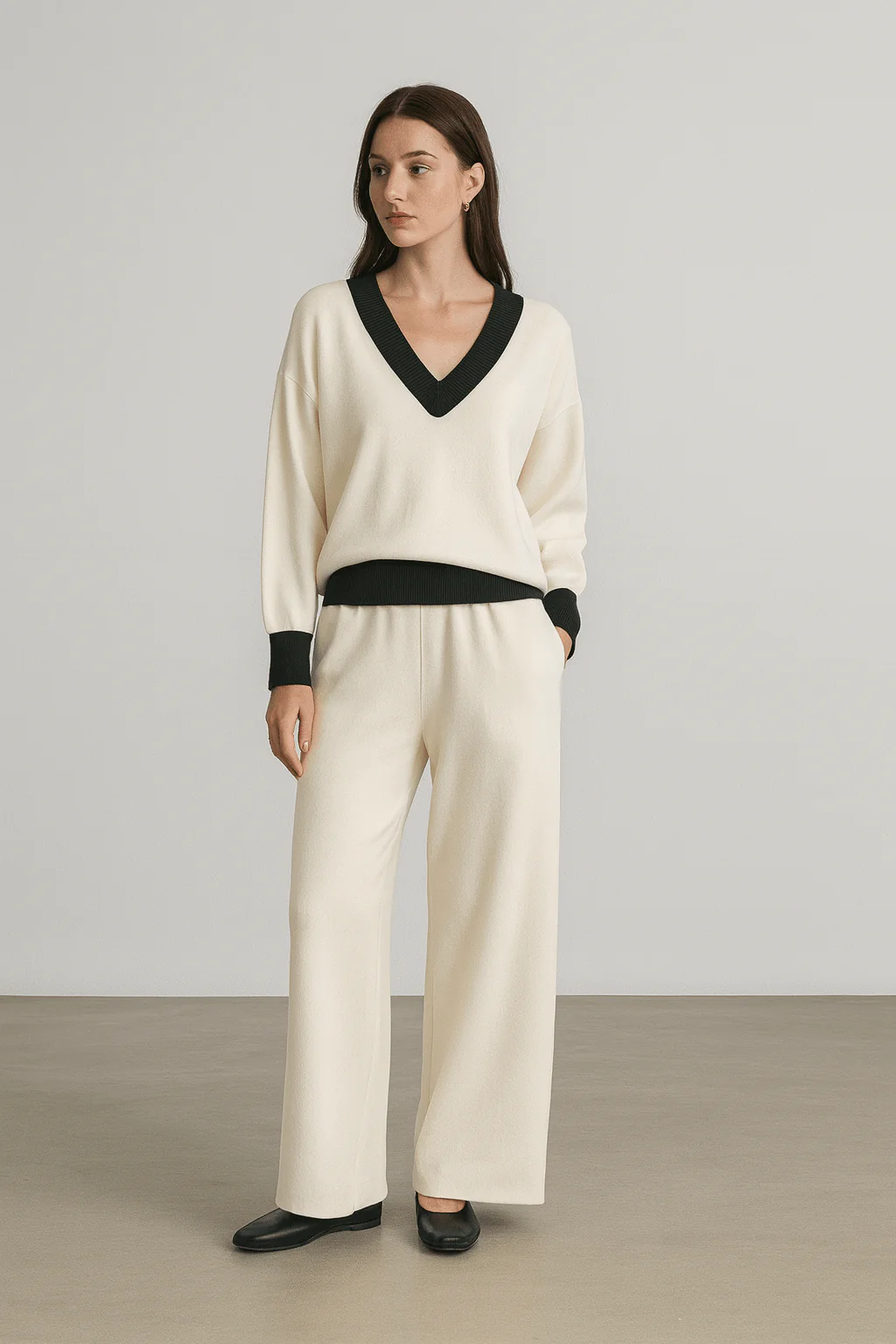 Ok _ Ensemble pull col V et pantalon large bicolore pour un style cocooning chic