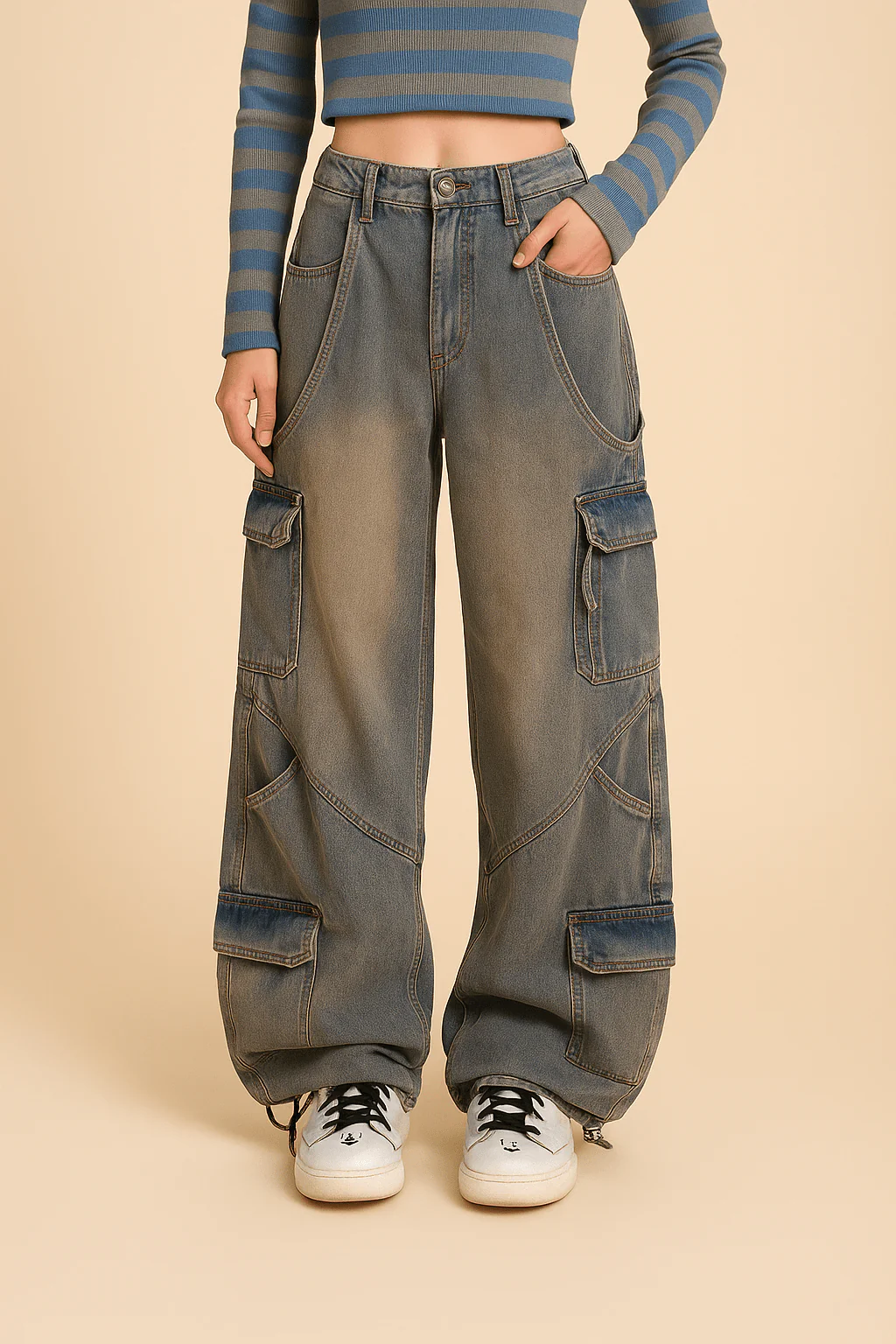 Jean Cargo Large en Denim avec Bretelles