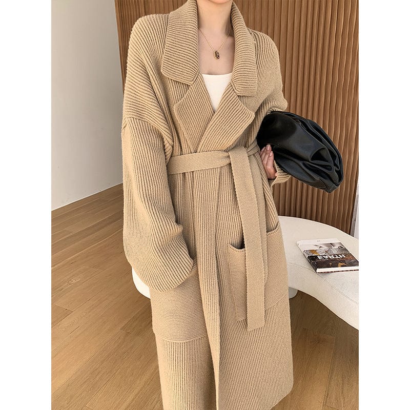 Cardigan long en maille pour femme - Robe confortable ceintur��e avec col �� revers - Style d��contract�� et chic pour l'automne/hiver