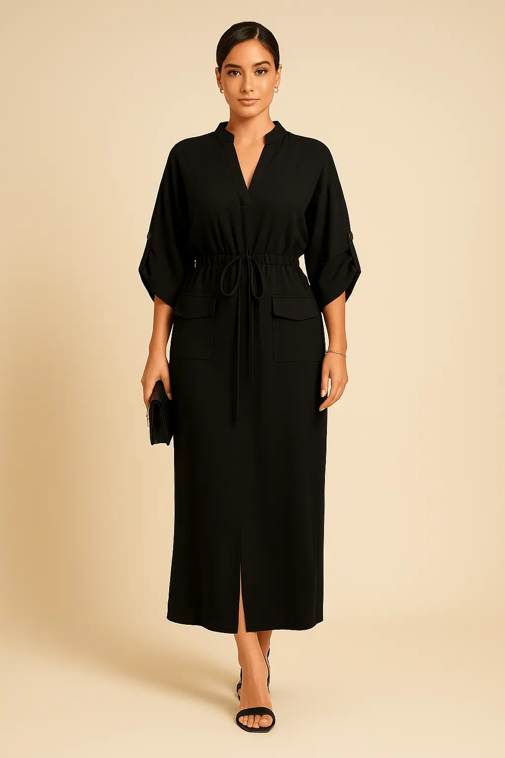 Robe Maxi Ceintur��e �� Manches Chauve-souris �C ��l��gance Structur��e et Confort