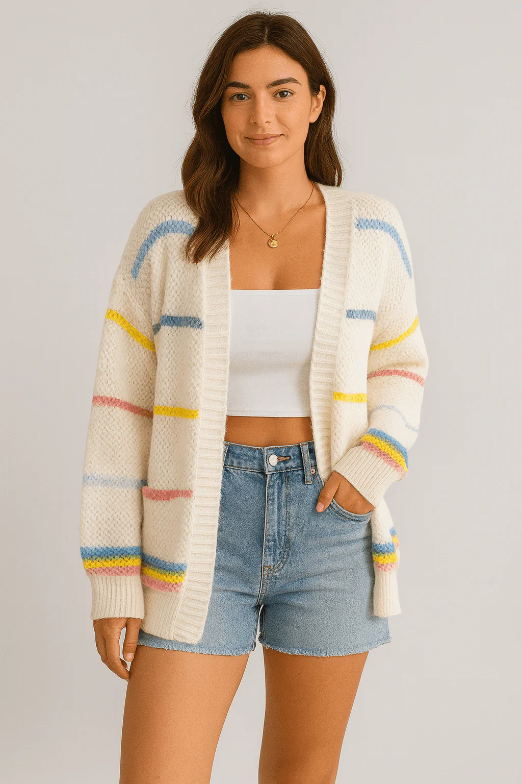 Cardigan ray�� ouvert tricot d��contract�� layering moderne - couche styl��e parfaite - MAX FOR ME