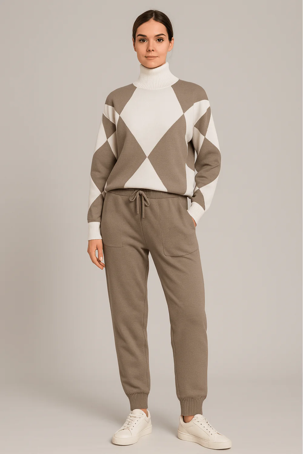 Ensemble 2 pi��ces- pull col roul�� et pantalon style graphique moderne