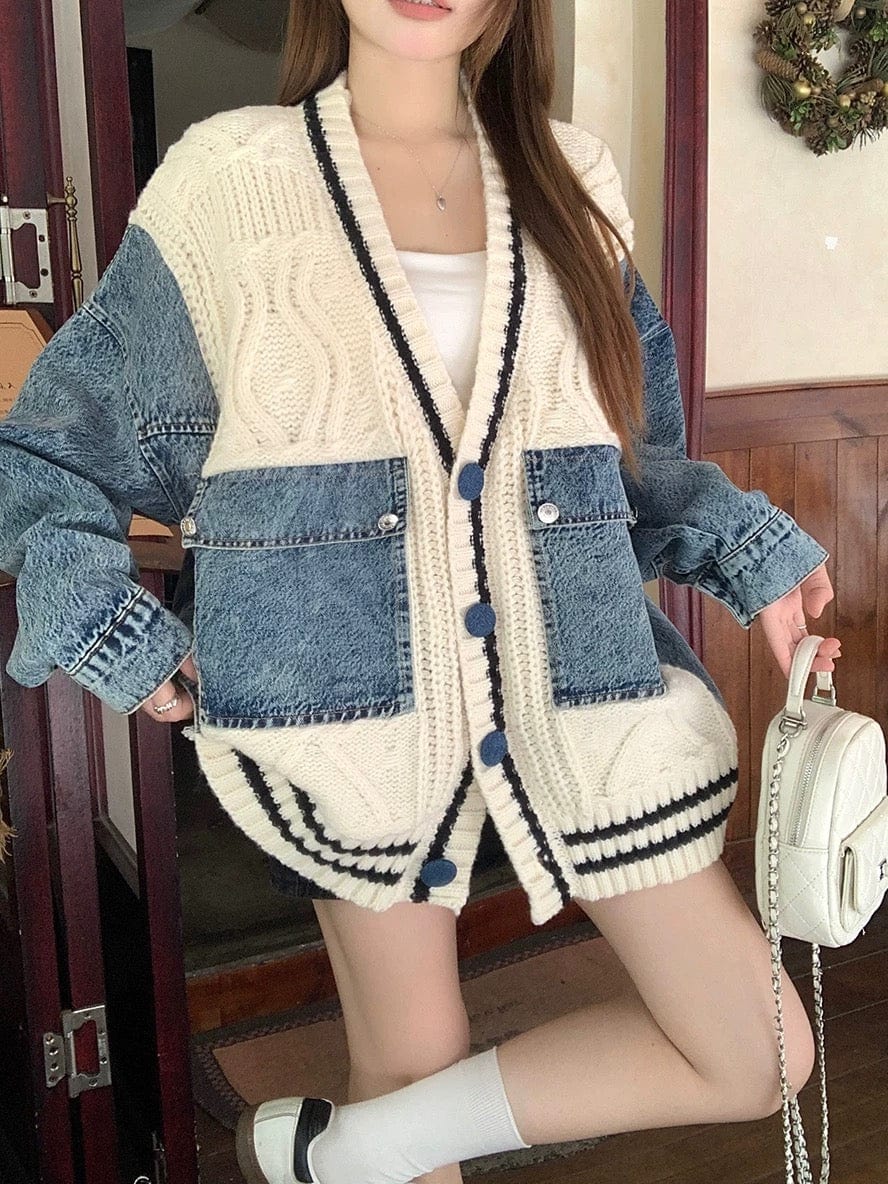 Cardigan oversize femme denim et maille automne-hiver Max for Me - Style urbain d��contract��