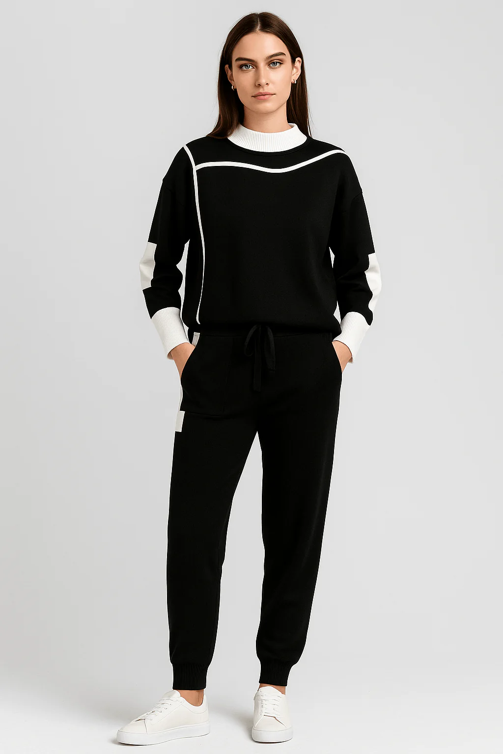 Ensemble K-fashion sweat col contrast�� pantalon coordonn�� bicolore - style cor��en moderne - MAX FOR ME