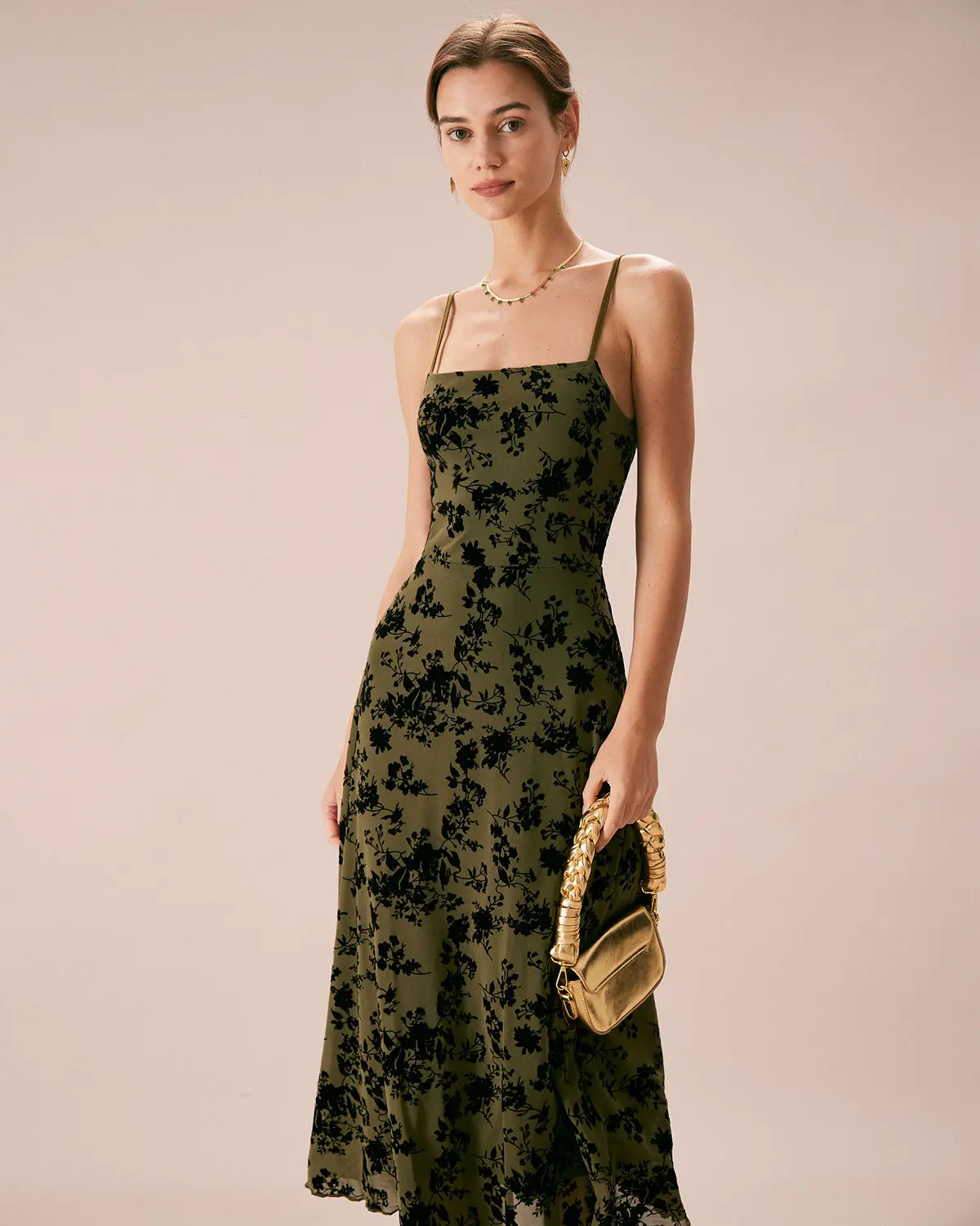 Robe Midi Verte �� Imprim�� Velours