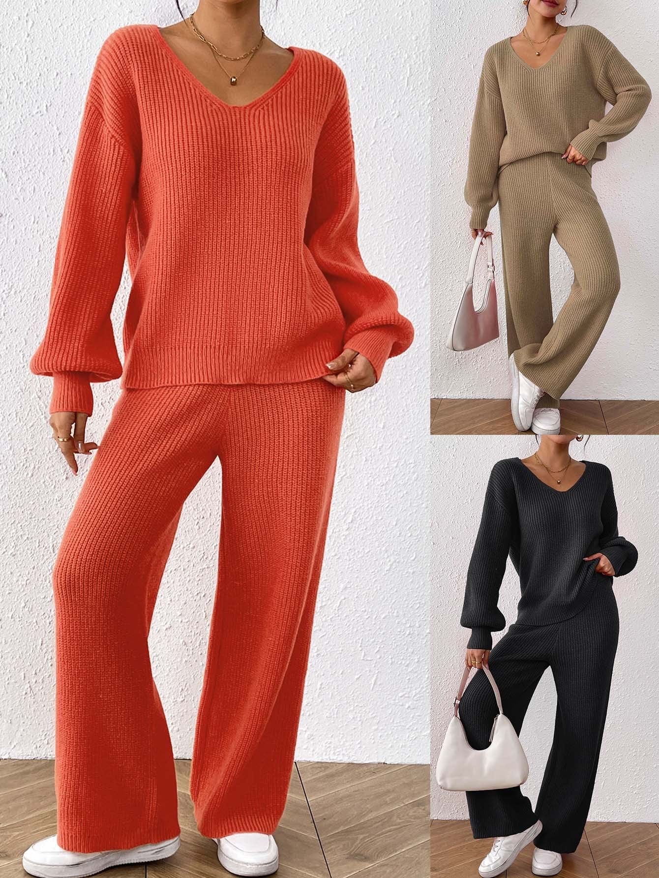 Ensemble en maille 2 pi��ces �C pull col V ample et pantalon droit large uni