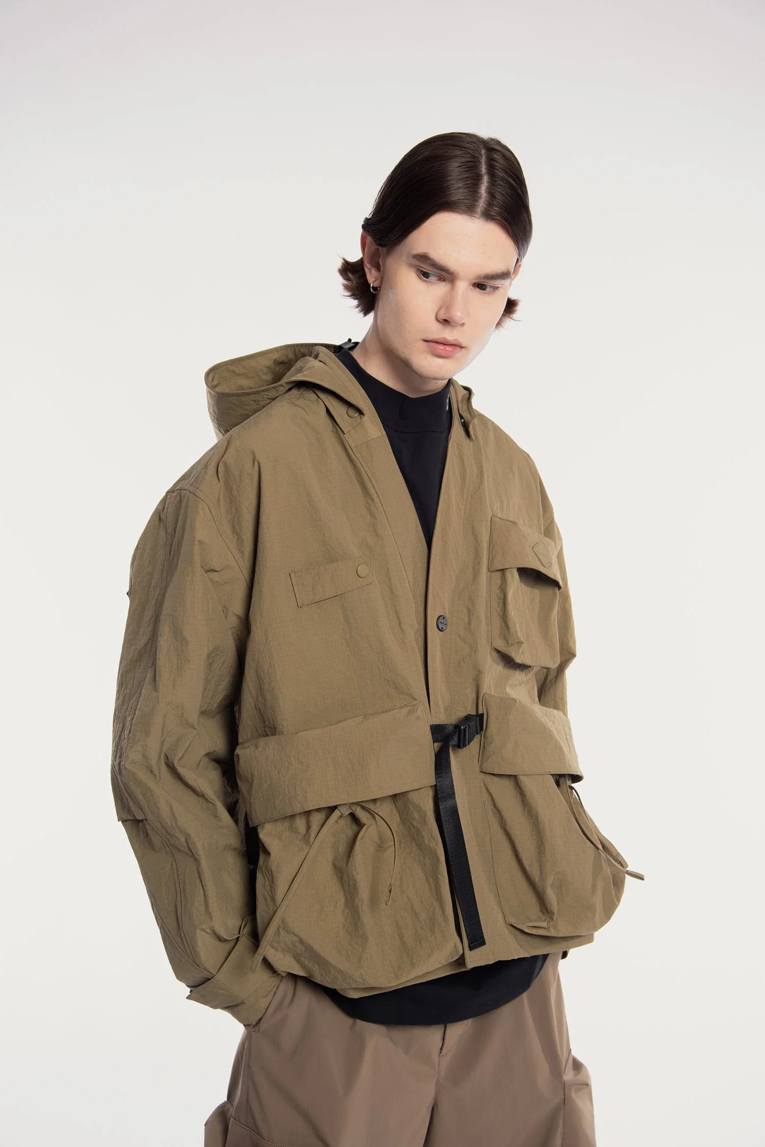 MEN'S MULTI POCKETS HOODED KIMONO JACKET