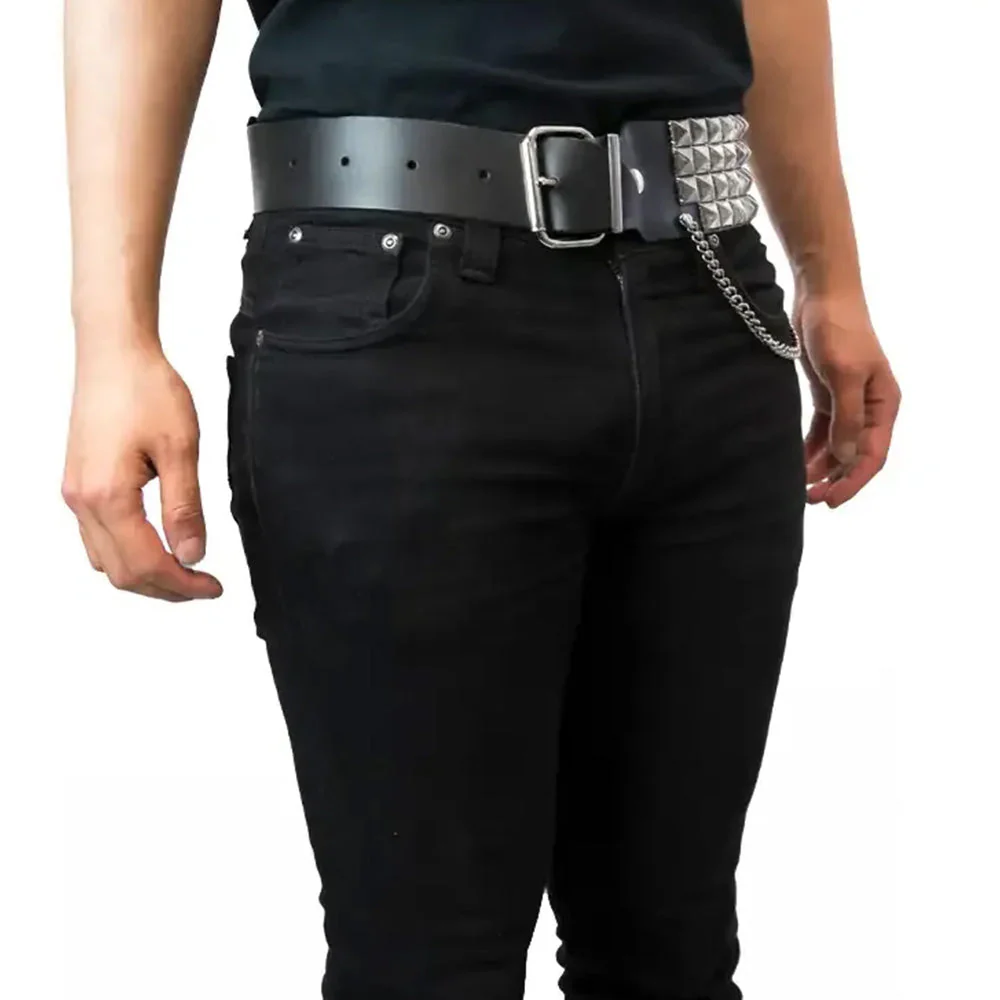 UNDERGROUND BELT - BLACK LEATHER - 3 ROW PYRAMID STUD & CHAIN