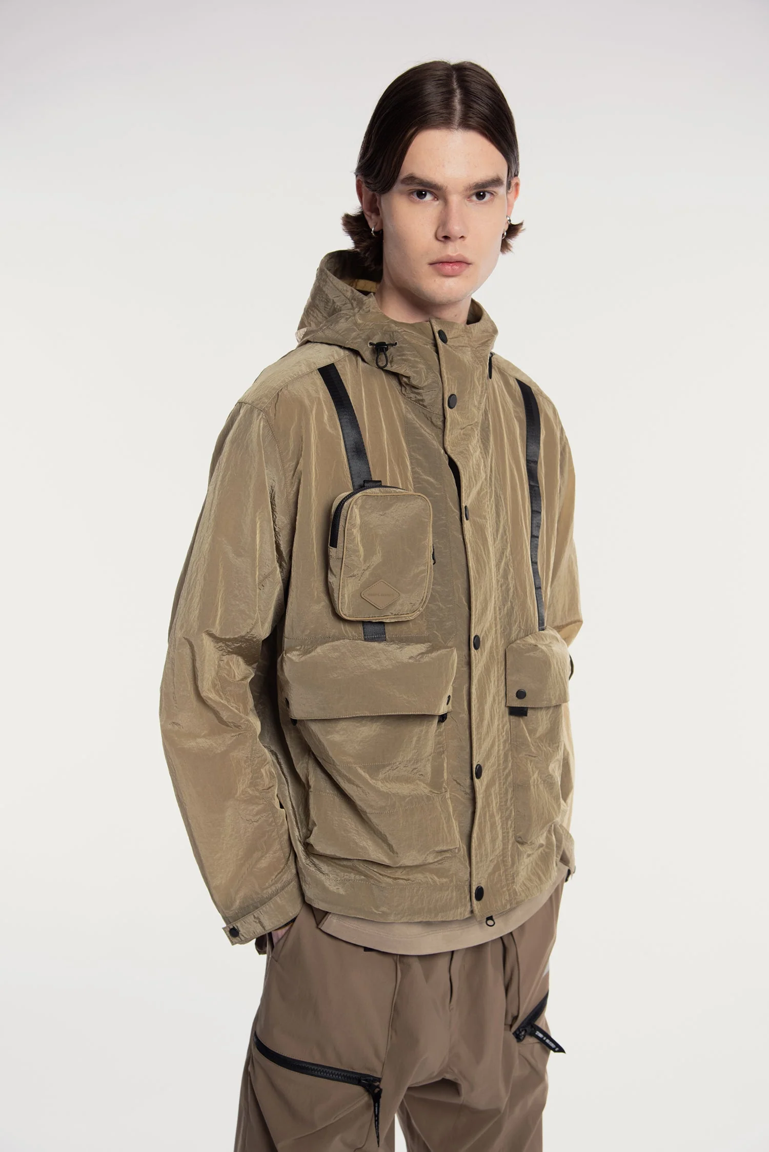 MEN'S DETACHABLE SMALL BAG LIGHTWEIGHT HOODED  SHELL JACKET