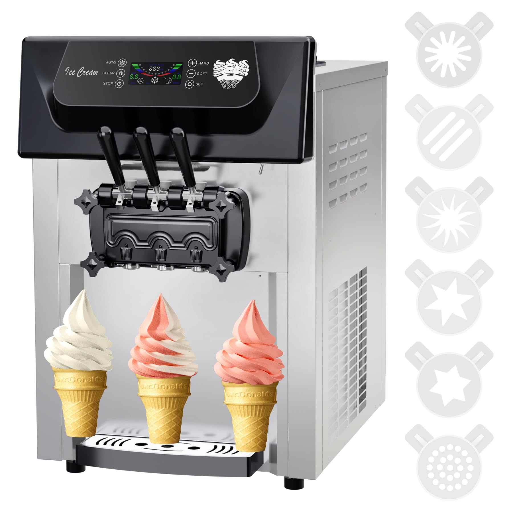 2200W Commercial Ice Cream Machine, 3 Flavor Soft Serve Ice Cream Machine, 5.3-7.4 Gal/Hr, with LCD Touch Screen, Automatic Cleaning, High Productivity for Home Snack Bar & Restaurants