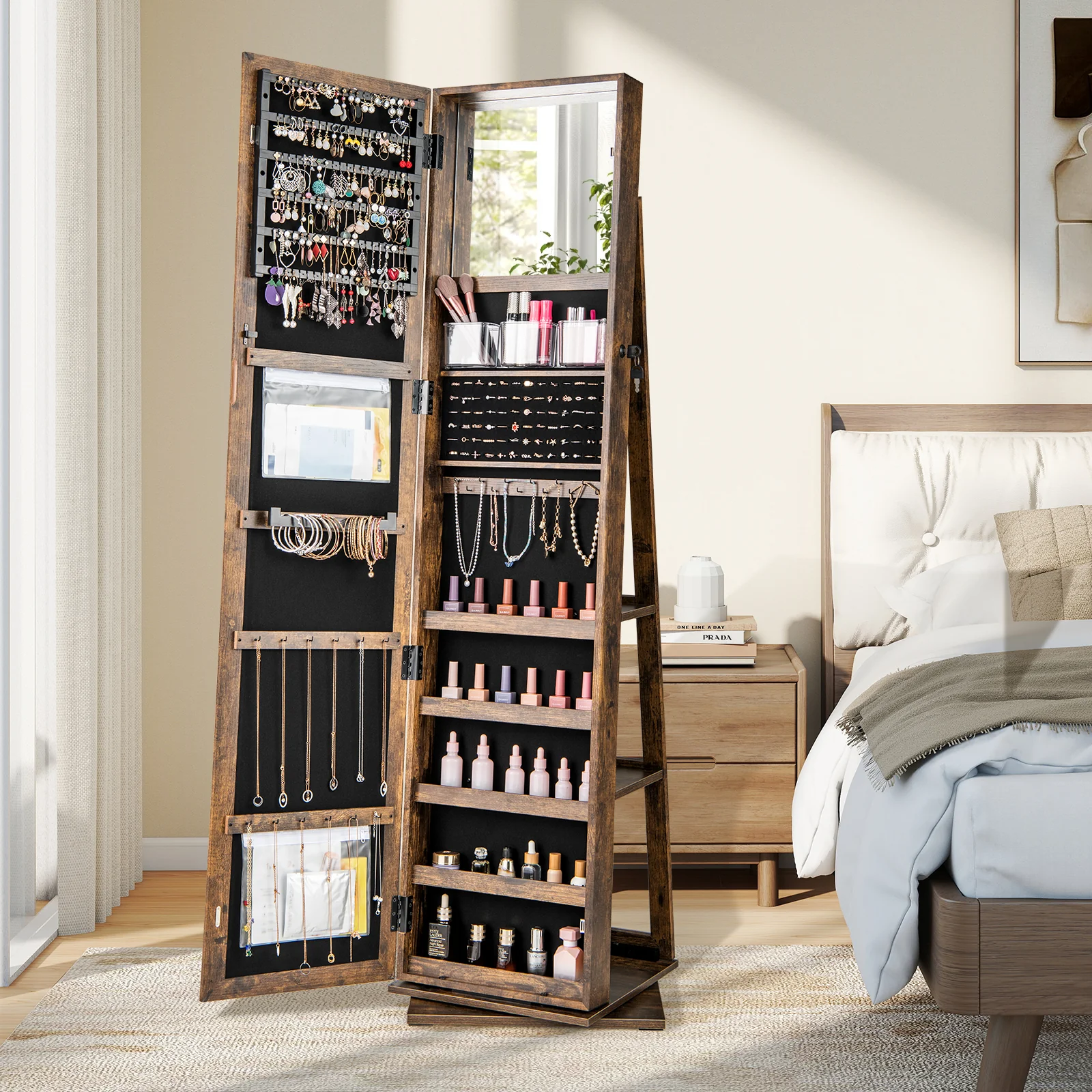 360�� Swivel Jewelry Armoire, Standing Jewelry Organizer with Full Length Mirror