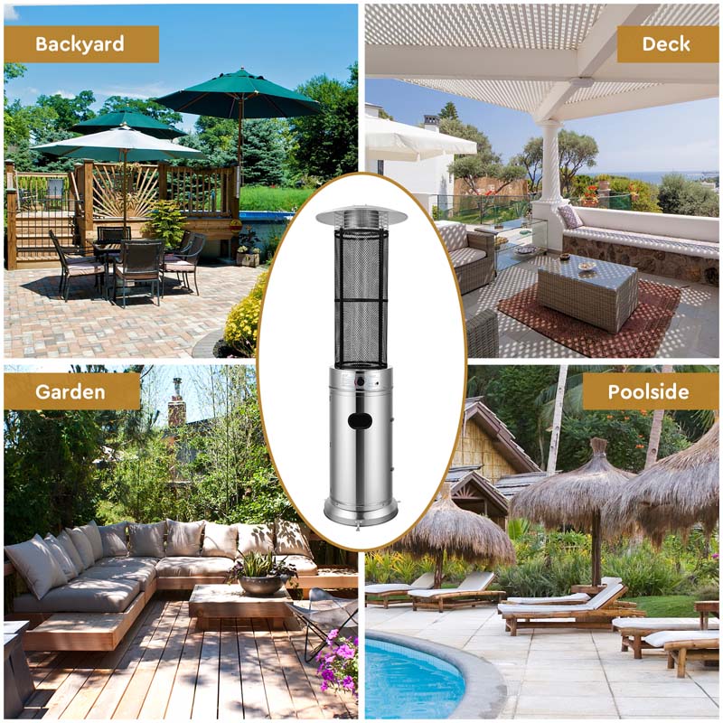 41000 BTU Standing Propane Patio Heater with Wheels, Stainless Steel Round Glass Tube Gas Outdoor Heater