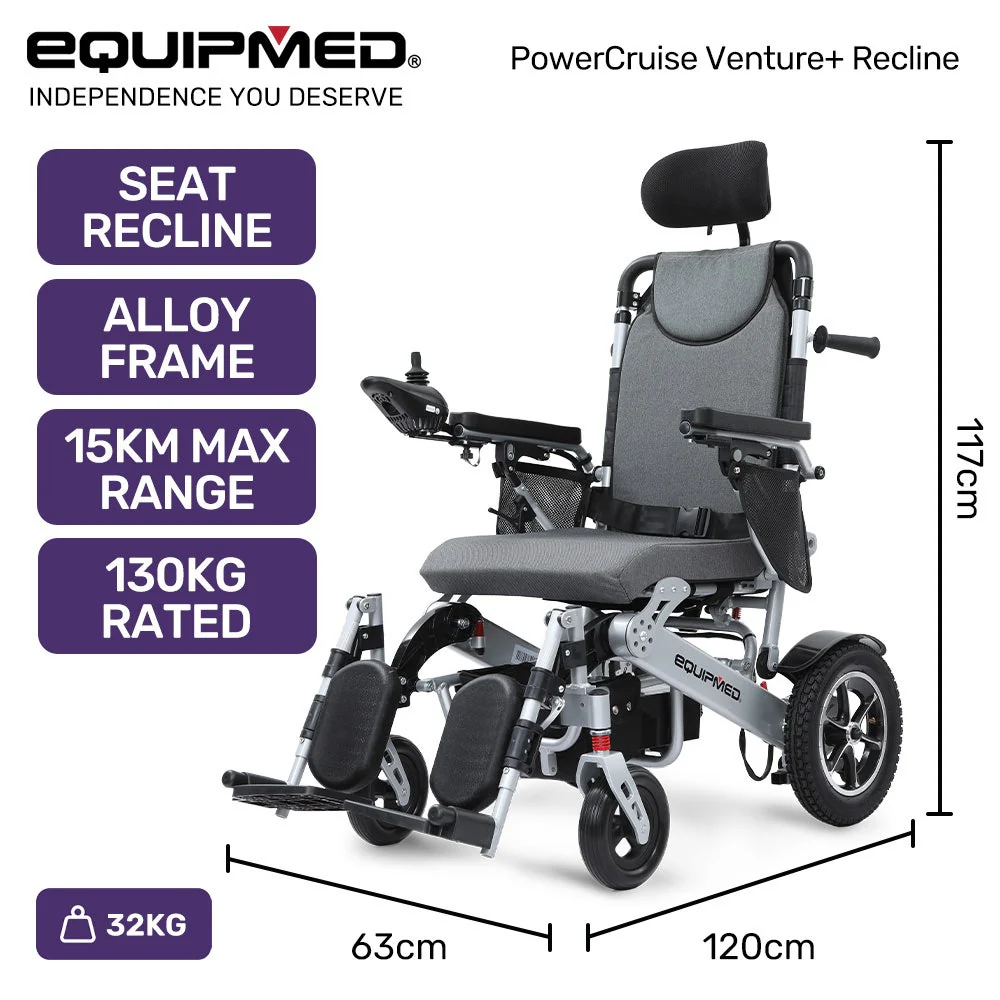 EQUIPMED Power Electric Wheelchair, Folding, Airline Approved, ARTG Certified, Recline Adjustment, Headrest, Aluminium Frame, Lithium Battery