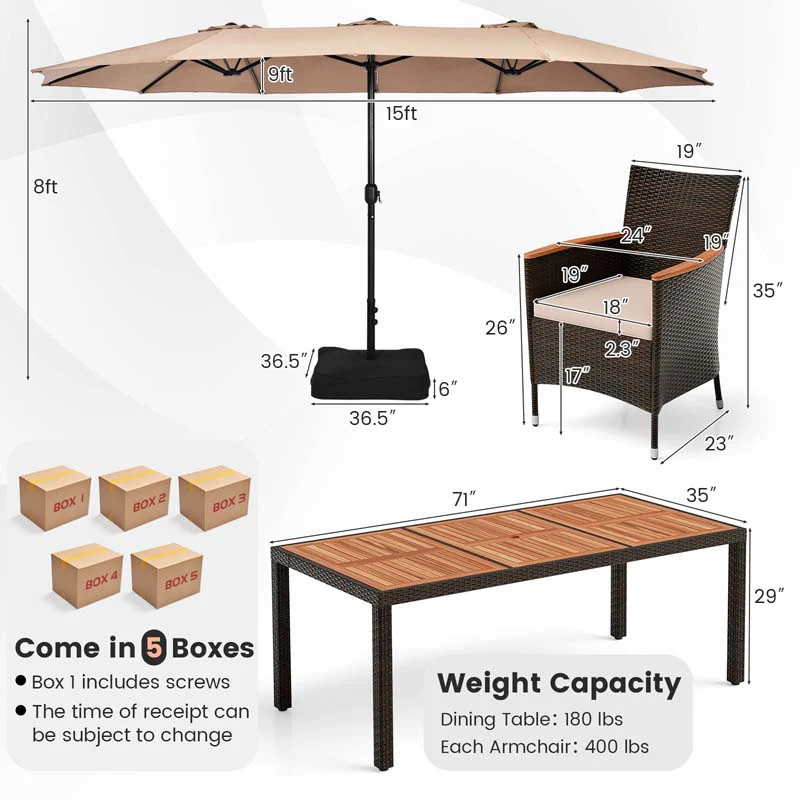 10Pcs Patio Rattan Dining Set with 15FT Double-Sided Umbrella, Heavy Duty Acacia Wood Table & Stackable Wicker Chairs