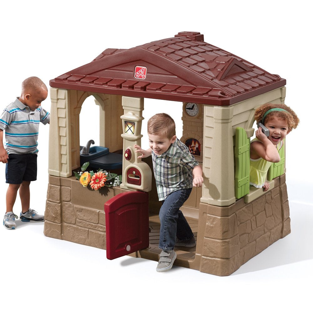 Step2 Neat & Tidy Cottage II Brown Playhouse for Kids ?C Outdoor Plastic Toy House with Dutch Door & Kitchen