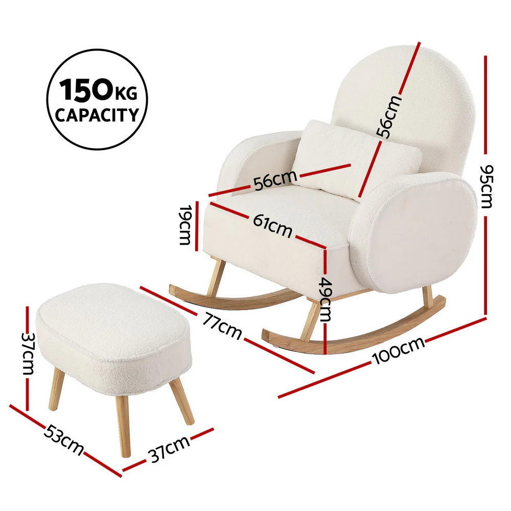 Artiss Armchair Rocking Chair Ottoman Lounge Footrest Round Nursing Boucle White