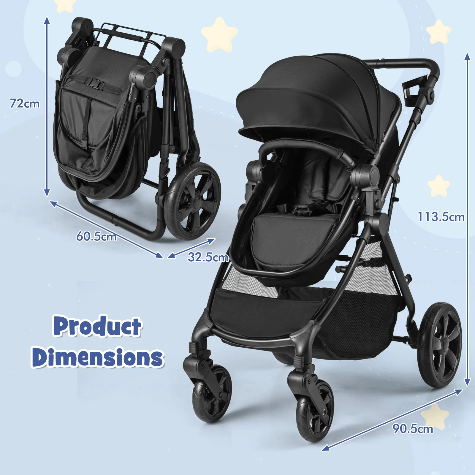 2-in-1 Convertible Baby Stroller, Foldable Infant Carriage with Reversible Seat