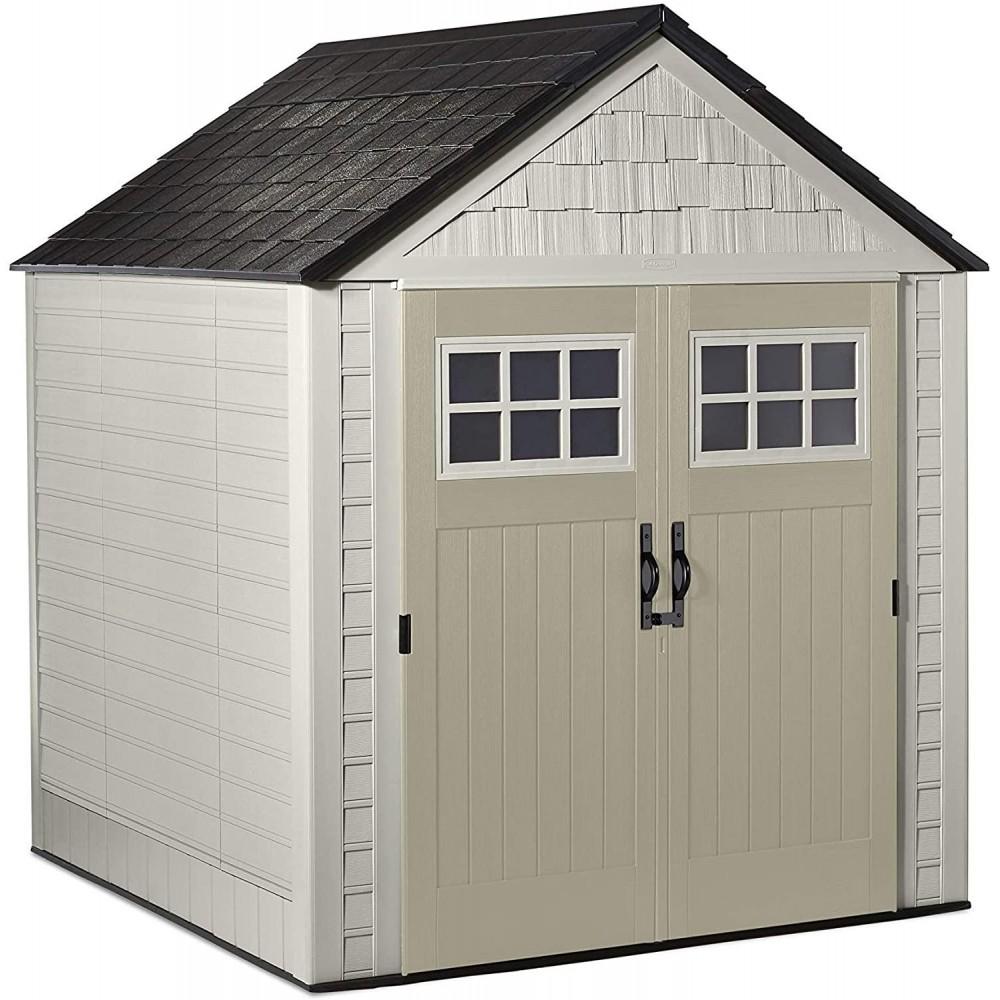 Rubbermaid 7??7 Ft Durable Weather Resistant Resin Outdoor Garden Storage Shed with Windows and Utility Hooks, Sand