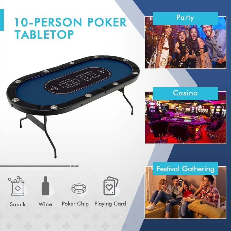 10 Players Folding Game Poker Table for Texas, Card Games, Casino Leisure Table with Cup Holder, 4 USB Ports, Extra Lights