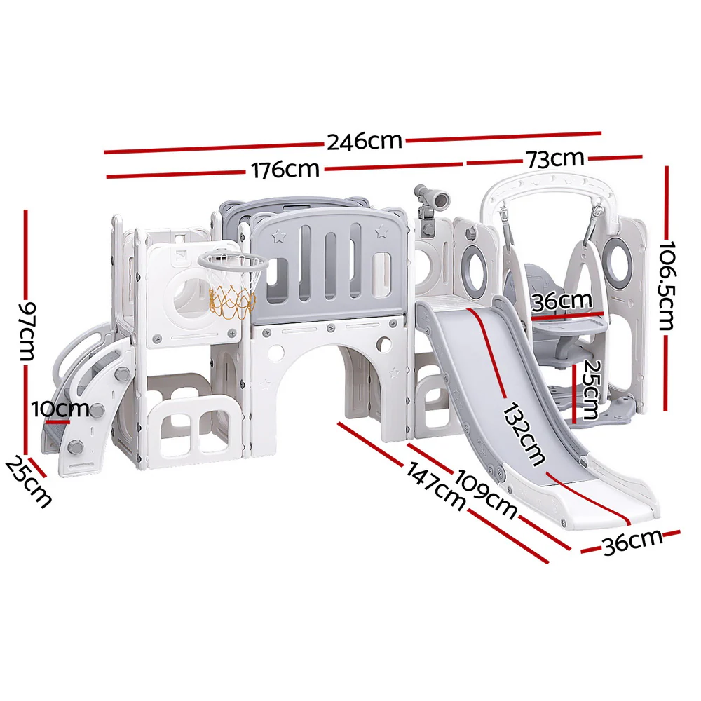 Keezi Kids Slide Swing Set Basketball Hoop Ring Football Outdoor Toys 132cm grey