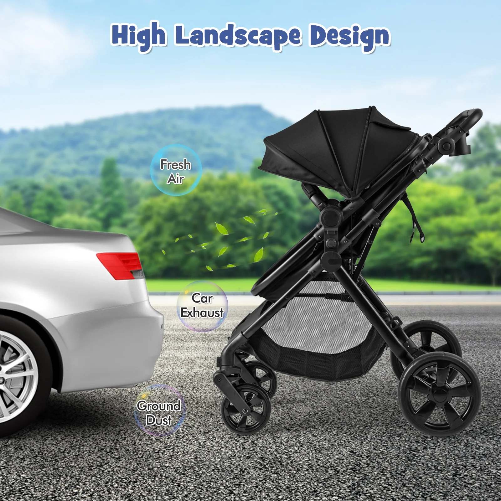 2-in-1 Convertible Baby Stroller, Foldable Infant Carriage with Reversible Seat
