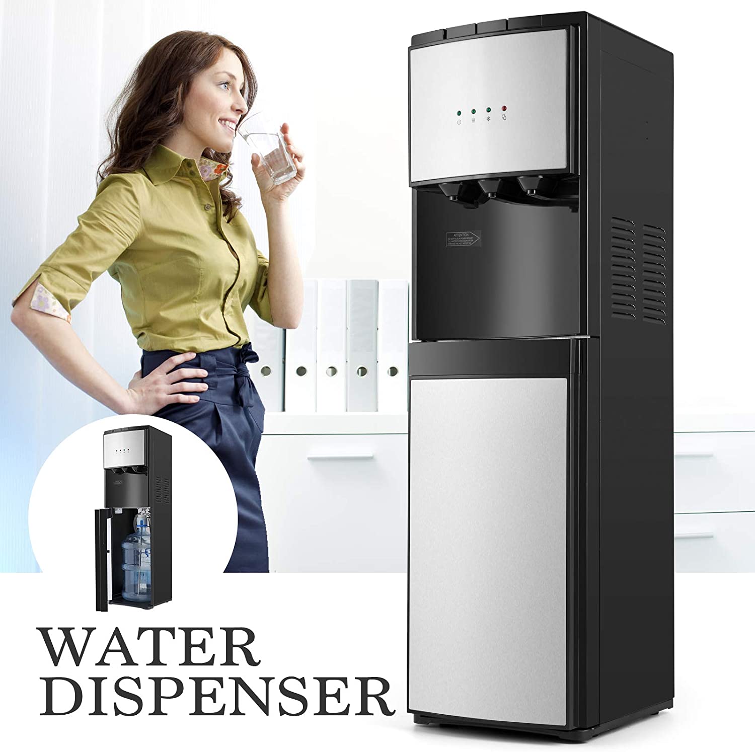 5 Gallon Water Dispenser Bottom Loading Hot Cold Water Cooler Stainless 3 Temperature Spouts