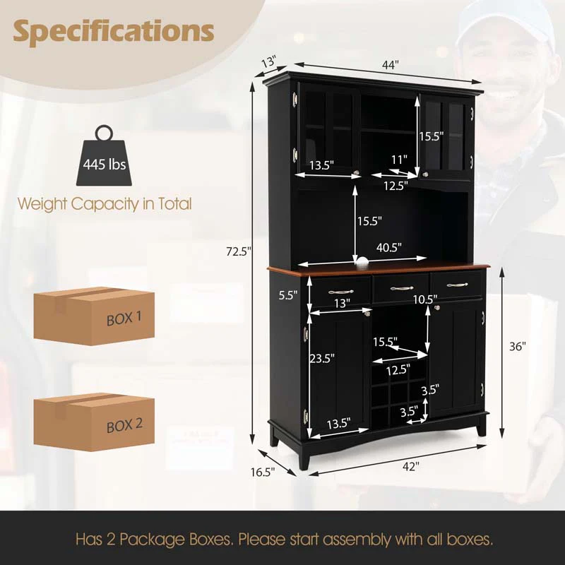 Wood Buffet Hutch Cabinet Kitchen Hutch Sideboard Kitchenware Server with 3 Large Drawers & 9 Wine Grids