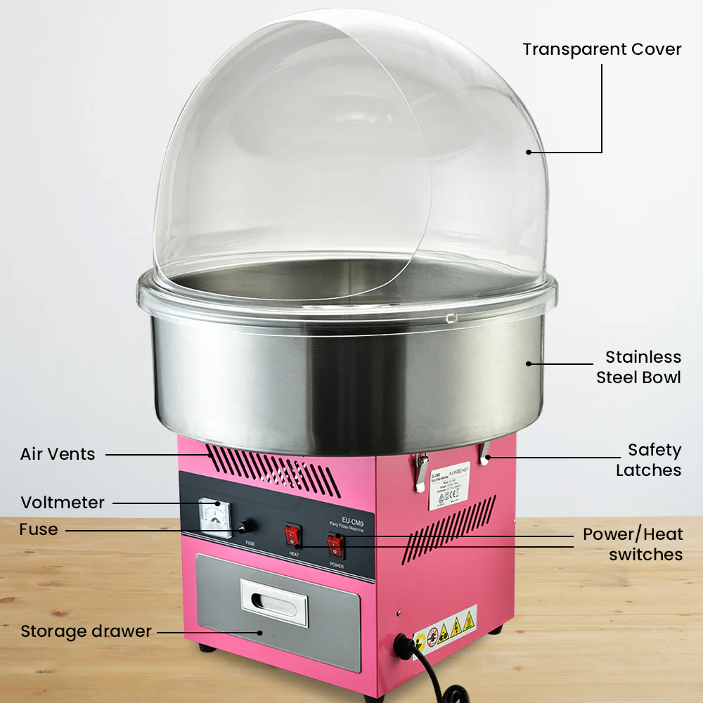 EUROCHEF 1100W Commercial Fairy Floss Machine, Cotton Candy Maker with Bubble Cover