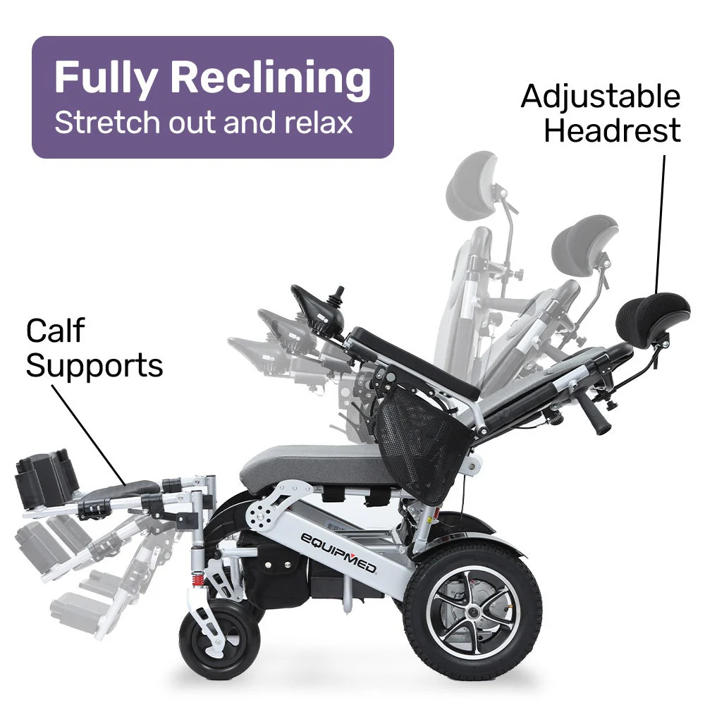 EQUIPMED Power Electric Wheelchair, Folding, Airline Approved, ARTG Certified, Recline Adjustment, Headrest, Aluminium Frame, Lithium Battery