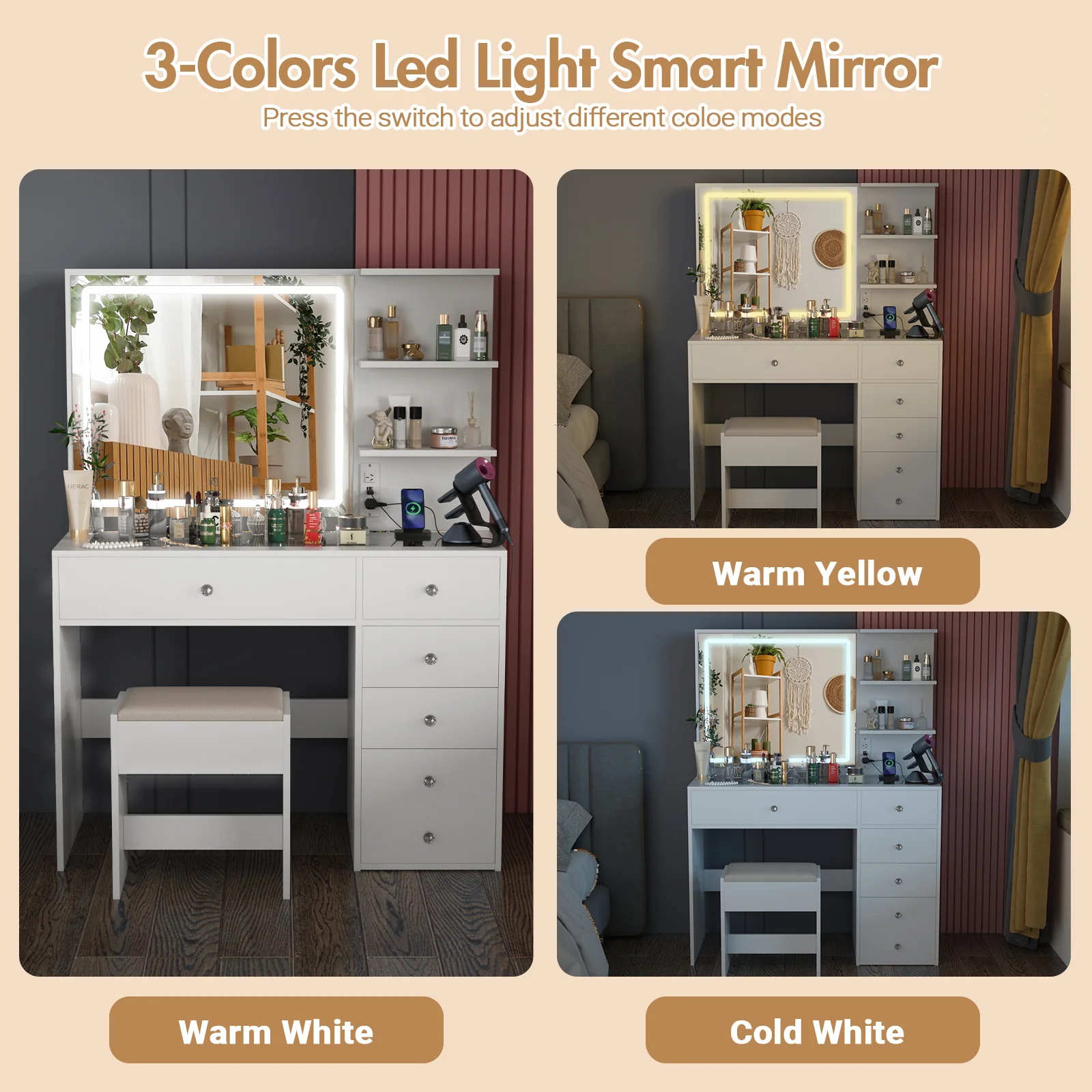 Dressing Table Stool Set Glass Tabletop