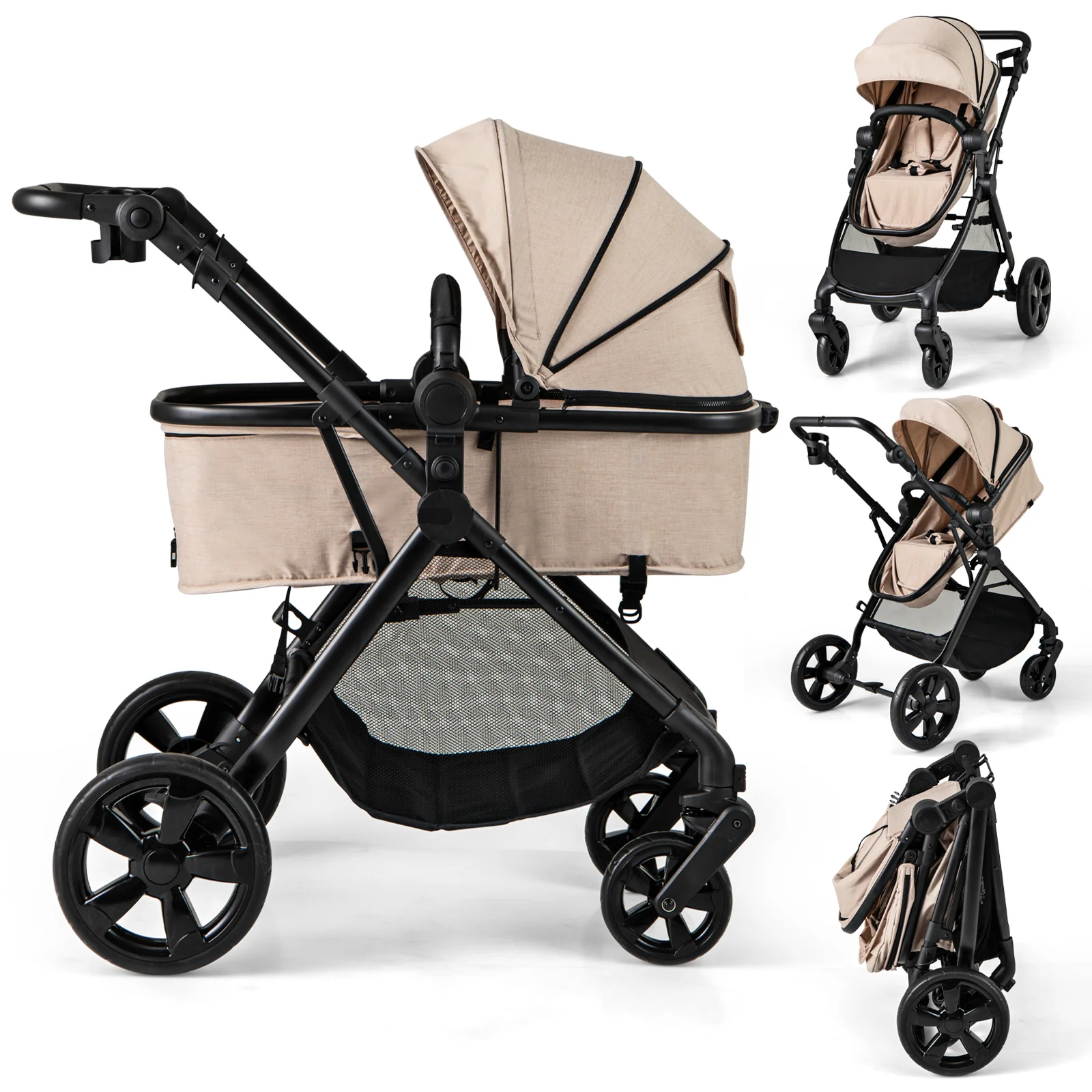 2-in-1 Convertible Baby Stroller, Foldable Infant Carriage with Reversible Seat