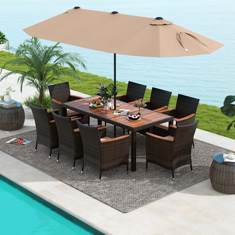 10Pcs Patio Rattan Dining Set with 15FT Double-Sided Umbrella, Heavy Duty Acacia Wood Table & Stackable Wicker Chairs
