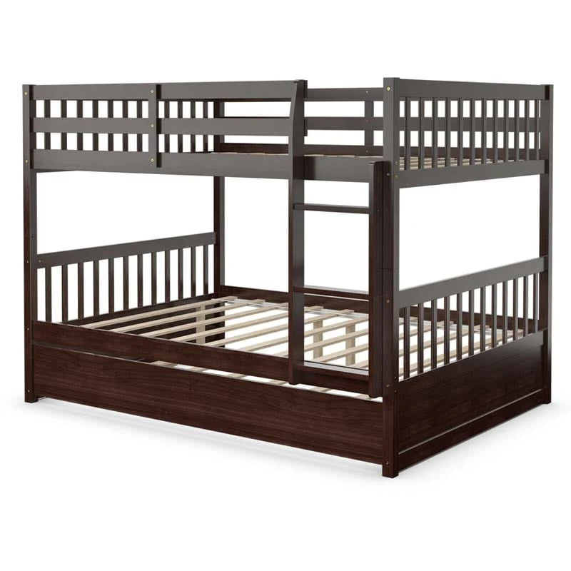 Solid Wood Full Over Full Bunk Bed Frame with Trundle, Safety Ladder & Guardrails, Convertible Bunk Bed for Kids Teens