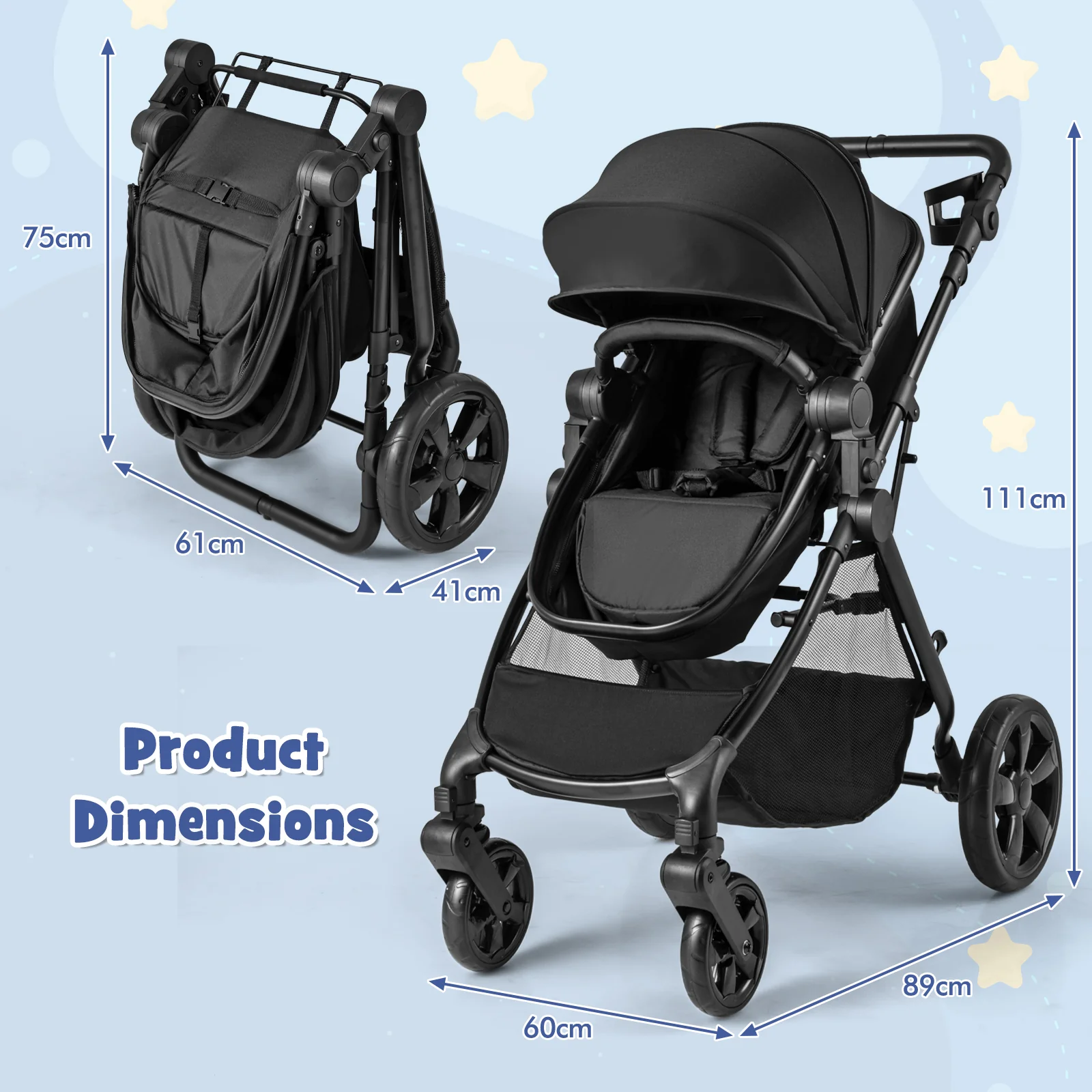 2-in-1 Convertible Baby Stroller, Foldable Infant Carriage with Reversible Seat