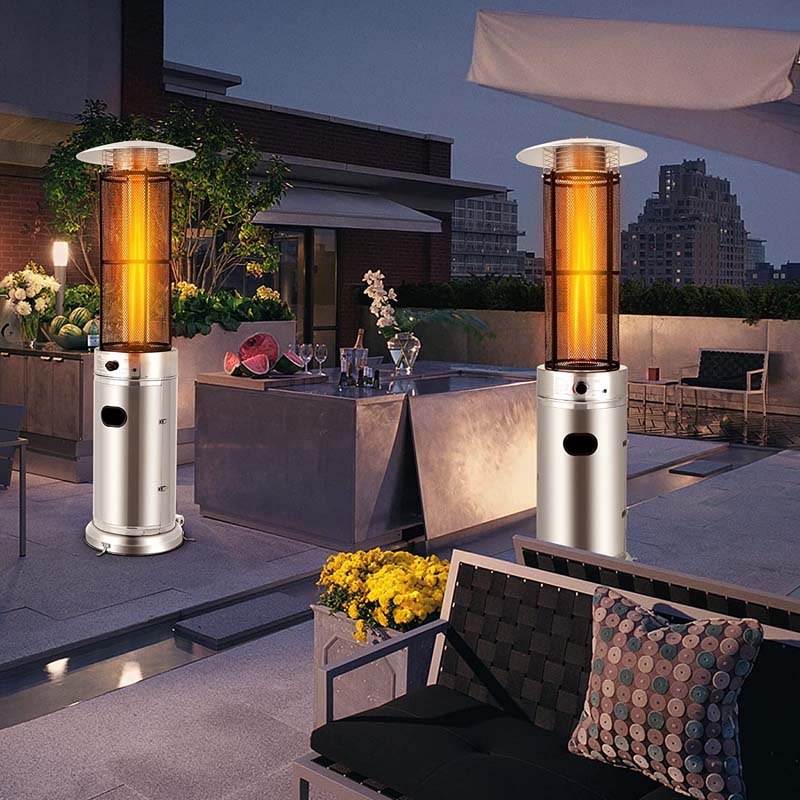 41000 BTU Standing Propane Patio Heater with Wheels, Stainless Steel Round Glass Tube Gas Outdoor Heater