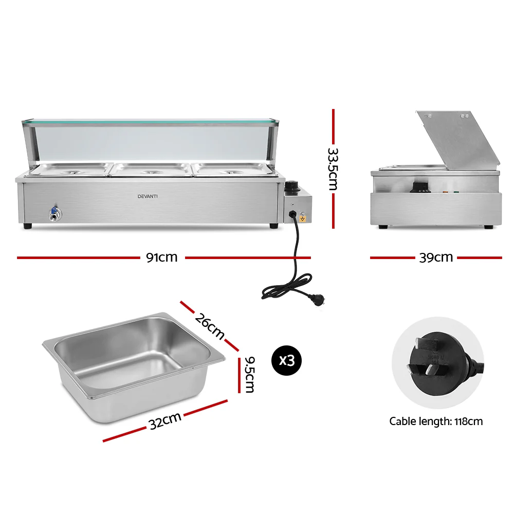 3-Pan Stainless Steel Food Warmer with Thermostat - Devanti