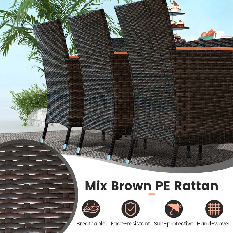 10Pcs Patio Rattan Dining Set with 15FT Double-Sided Umbrella, Heavy Duty Acacia Wood Table & Stackable Wicker Chairs