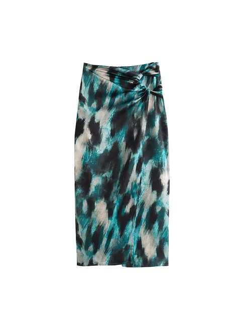 Printed Satin Long Sleeve Blouse & Midi Skirt Set a?? Abstract Print