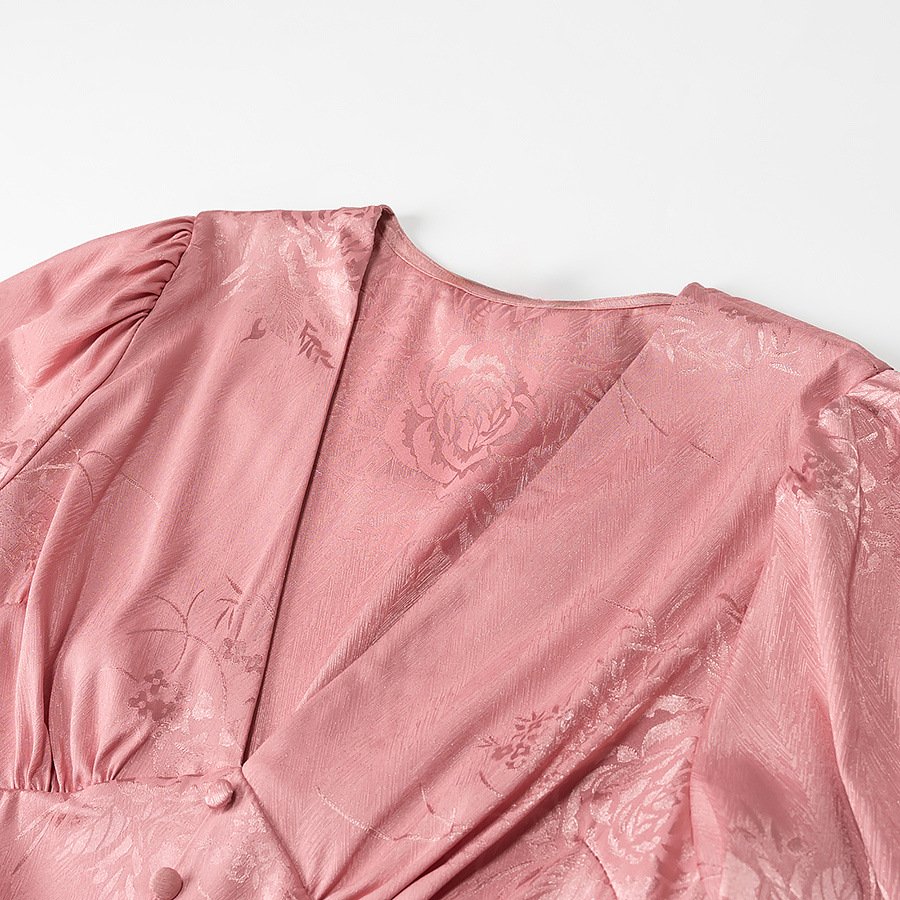 Pink V-Neck Button Dress a?? Long Sleeve Lantern Sleeve Mini Dress