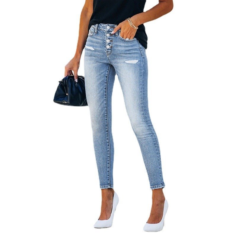 High-Waist Ripped Denim Jeans a?? Trendy Streetwear for Women